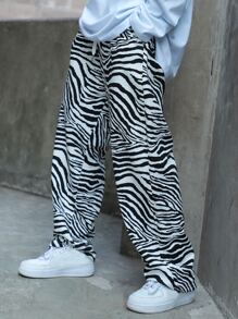 Tween Boy Casual Zebra Pattern Pants, Hip Hop Streetwear, Spring And Autumn