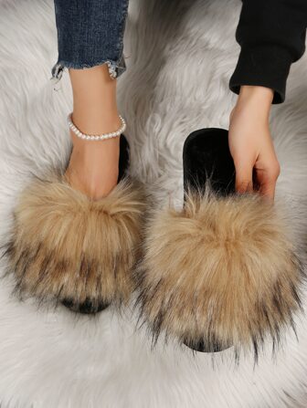 Fall/Winter Women's Plus Size Furry Flat Slippers, Comfortable Fluffy House Slides, Fashion Open Toe Outdoor Sandals, Suitable For Spring & Summer