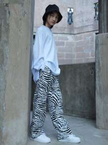Tween Boy Casual Zebra Pattern Pants, Hip Hop Streetwear, Spring And Autumn