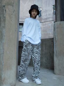 Tween Boy Casual Zebra Pattern Pants, Hip Hop Streetwear, Spring And Autumn