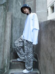 Tween Boy Casual Zebra Pattern Pants, Hip Hop Streetwear, Spring And Autumn