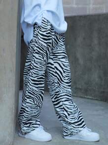 Tween Boy Casual Zebra Pattern Pants, Hip Hop Streetwear, Spring And Autumn