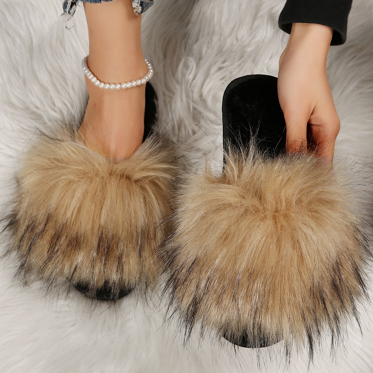 Pantuflas planas con pelaje para mujer talla grande, para otoño/invierno. Sandalias de casa cómodas y esponjosas, sandalias abiertas de moda para ex