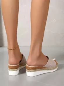 Women Single Band Espadrille Sandals, Vacation Outdoor Canvas Wedge Slide Sandals - Beige - View 2