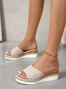 Women Single Band Espadrille Sandals, Vacation Outdoor Canvas Wedge Slide Sandals - Beige - View 4