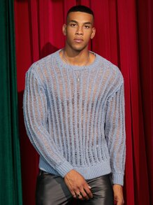 GENTILAND Men Solid Pointelle Knit Jumper - Dusty Blue - View 1