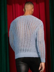 GENTILAND Men Solid Pointelle Knit Jumper - Dusty Blue - View 2