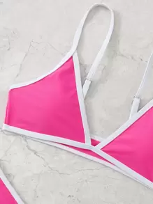 Summer Beach Contrast Binding High Cut Bikini - Hot Pink - View 5