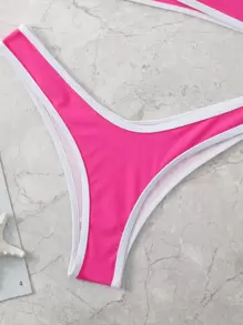 Summer Beach Contrast Binding High Cut Bikini - Hot Pink - View 6
