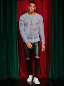 GENTILAND Men Solid Pointelle Knit Jumper - Dusty Blue - View 3