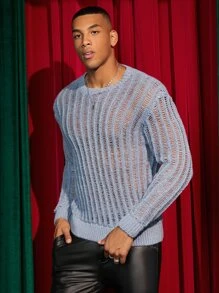 GENTILAND Men Solid Pointelle Knit Jumper - Dusty Blue - View 4