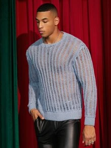 GENTILAND Men Solid Pointelle Knit Jumper - Dusty Blue - View 5