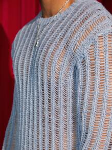 GENTILAND Men Solid Pointelle Knit Jumper - Dusty Blue - View 6