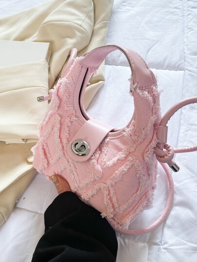 Lightweight,Business Casual Mini Hobo Bag Fashionable Pink Raw Trim Twist Lock For Daily Life For Teen Girls Women College Students,Rookies & White-Collar Workers Perfect For Office,College,Work ,Business,Commute,Outdoors, Travel, Outings Valentines