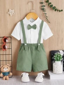 SHEIN 男嬰前蝴蝶結襯衫和背帶短褲 - 綠色 - 查看 1