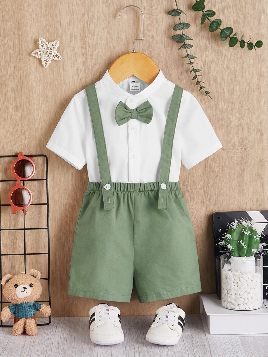 SHEIN 男嬰前蝴蝶結襯衫和背帶短褲 - 綠色 - 查看 1