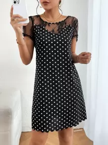 SHEIN Clasi Vestido con estampado de lunares con encaje en contraste ribete en abanico - Negro - Ver 1