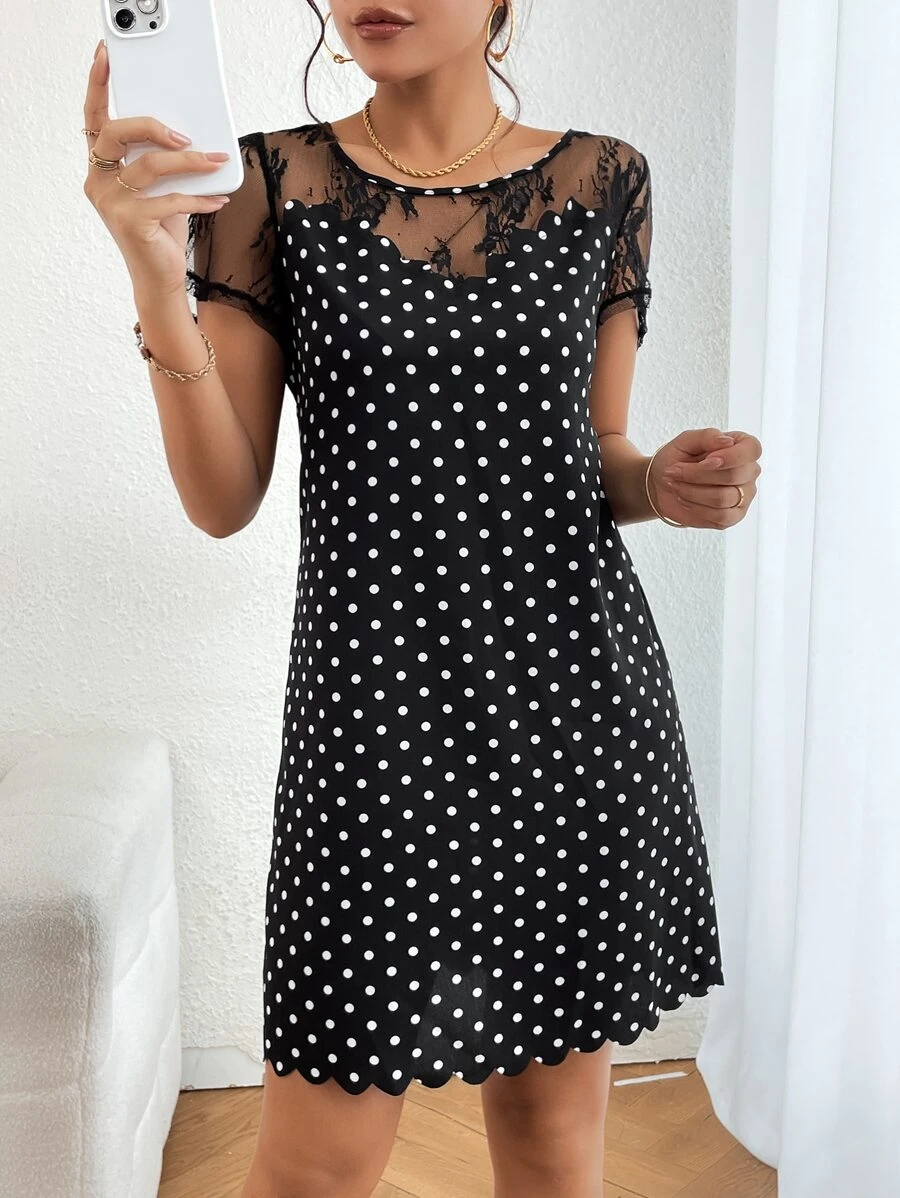 SHEIN Clasi Vestido con estampado de lunares con encaje en contraste ribete en abanico - Negro - Ver 1