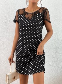 SHEIN Clasi Vestido con estampado de lunares con encaje en contraste ribete en abanico - Negro - Ver 4
