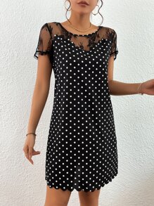 SHEIN Clasi Vestido con estampado de lunares con encaje en contraste ribete en abanico - Negro - Ver 5
