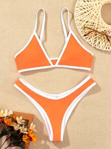 SHEIN Swim Summer Beach Contrast Binding High Cut Bikini Set Bathing Suit