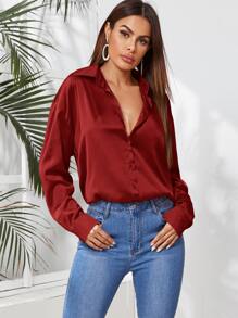 SHEIN Privé Solid Button Front Satin Shirt - Burgundy - View 1