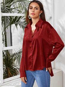SHEIN Privé Solid Button Front Satin Shirt - Burgundy - View 3