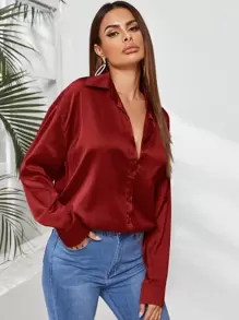 SHEIN Privé Solid Button Front Satin Shirt - Burgundy - View 4