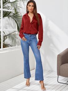 SHEIN Privé Solid Button Front Satin Shirt - Burgundy - View 5