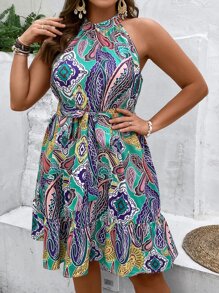 SHEIN Holidaya Đầm Plus Size Thắt lưng Viên lá sen Paisley Boho - Nhiều màu - Xem 3