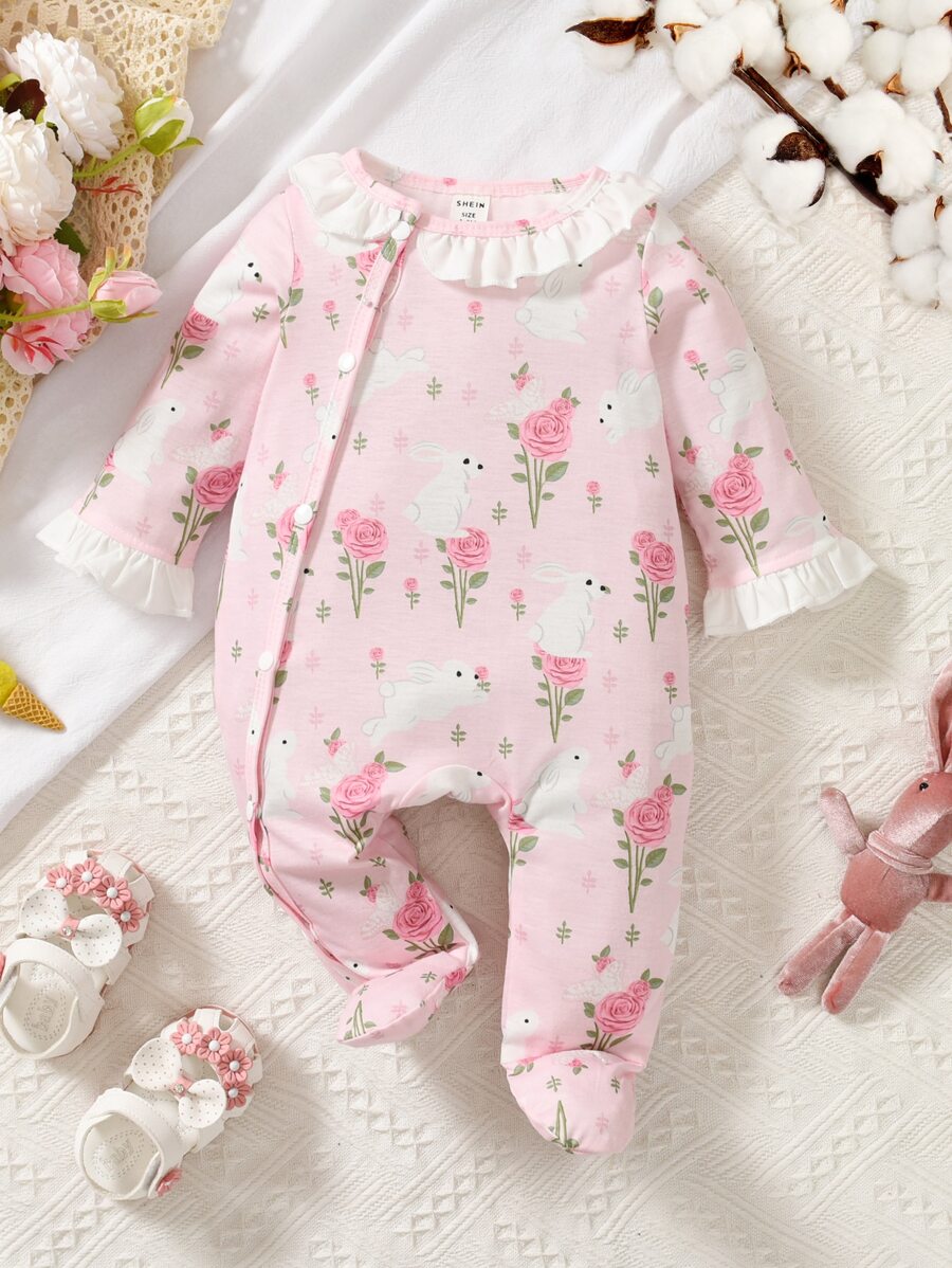 Baby Floral Print Ruffle Trim Flounce Sleeve Footed Jumpsuit - Pink - View 1