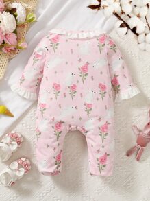 Baby Floral Print Ruffle Trim Flounce Sleeve Footed Jumpsuit - Pink - View 2