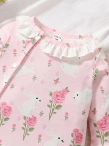 Baby Floral Print Ruffle Trim Flounce Sleeve Footed Jumpsuit - Pink - View 3