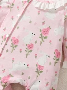 Baby Floral Print Ruffle Trim Flounce Sleeve Footed Jumpsuit - Pink - View 4