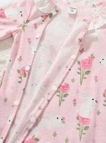 Baby Floral Print Ruffle Trim Flounce Sleeve Footed Jumpsuit - Pink - View 5