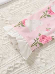 Baby Floral Print Ruffle Trim Flounce Sleeve Footed Jumpsuit - Pink - View 6