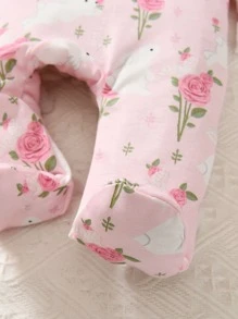 Baby Floral Print Ruffle Trim Flounce Sleeve Footed Jumpsuit - Pink - View 7