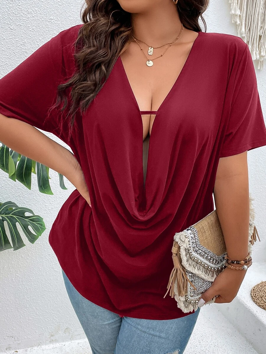SHEIN Clasi Áo thun Plus size Vắt màu trơn Giải trí - Màu Đỏ Sâu - Xem 1