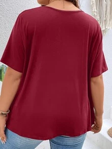 SHEIN Clasi Áo thun Plus size Vắt màu trơn Giải trí - Màu Đỏ Sâu - Xem 2
