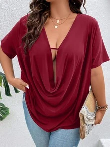 SHEIN Clasi Áo thun Plus size Vắt màu trơn Giải trí - Màu Đỏ Sâu - Xem 4