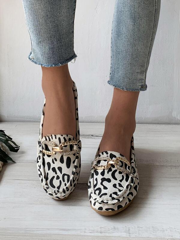 Women Rhinestone & Metal Decor Leopard Pattern Flat Loafers, Fashionable Outdoor Flat Shoes