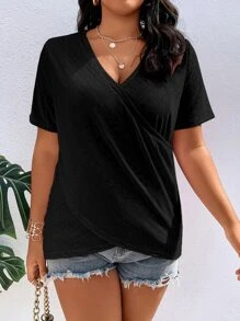 SHEIN LUNE Plus Solid Eyelet Embroidery Wrap Cross Tee - Black - View 4