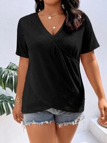 SHEIN LUNE Plus Solid Eyelet Embroidery Wrap Cross Tee - Black - View 5