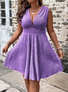 SHEIN LUNE 大碼深V領後綁帶洋裝 - 紫羅蘭色 - 查看 5