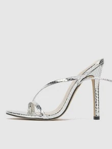 女士腿部繫帶設計蛇皮壓花細跟條帶魅力四射派對金屬質感高跟涼鞋 - 銀色 - 查看 3