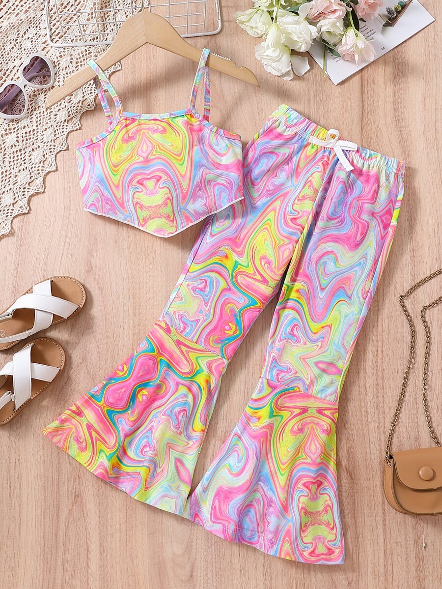 SHEIN Young Girl Marble Patterned Sports And Leisure Sweet And Cool Two-Piece With Spaghetti Straps, For Summer