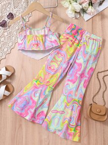 SHEIN Young Girl Marble Patterned Sports And Leisure Sweet And Cool Two-Piece With Spaghetti Straps, For Summer
