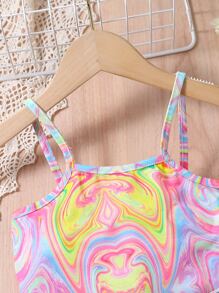 SHEIN Young Girl Marble Patterned Sports And Leisure Sweet And Cool Two-Piece With Spaghetti Straps, For Summer