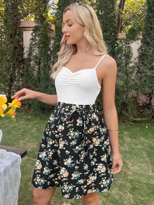 SHEIN 孕婦吊帶上衣和印花腰帶半身裙