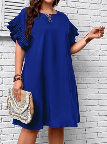 SHEIN Clasi Đầm Plus Size Xù màu trơn Giải trí - Màu xanh lam - Xem 4